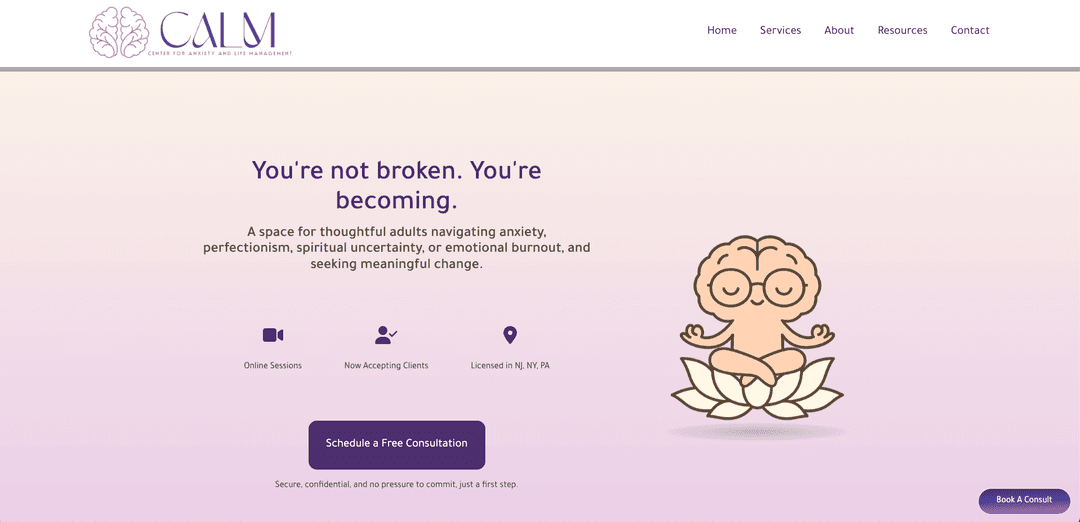 Screenshot of CALM Therapy website