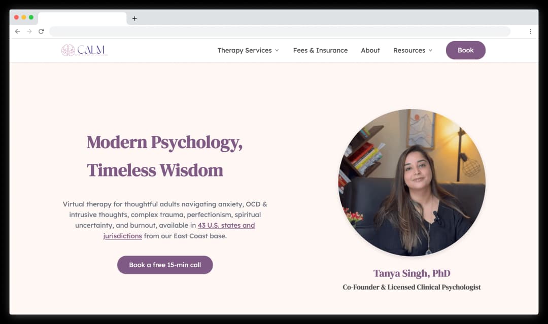 Screenshot of CALM Therapy website