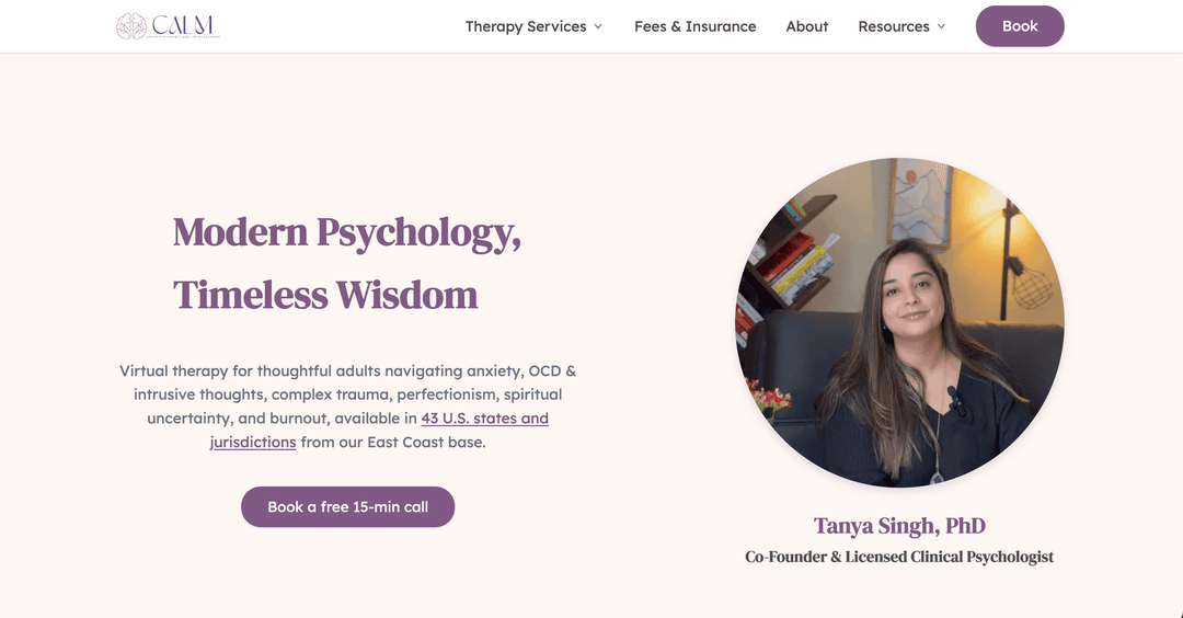 Screenshot of CALM Therapy website